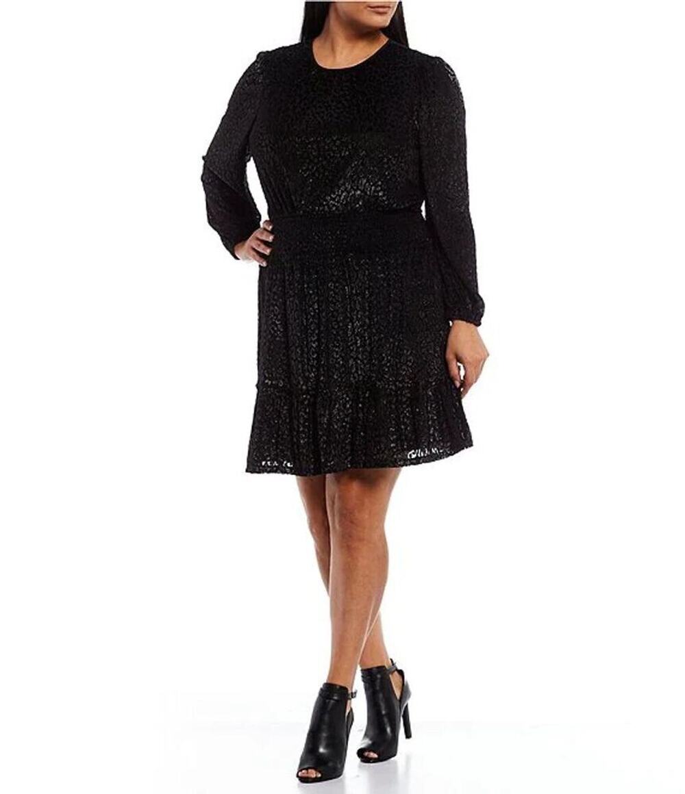 NWT Michael Kors Black Animal Print Velvet Burnout Smocked Dress SIZE XL $155